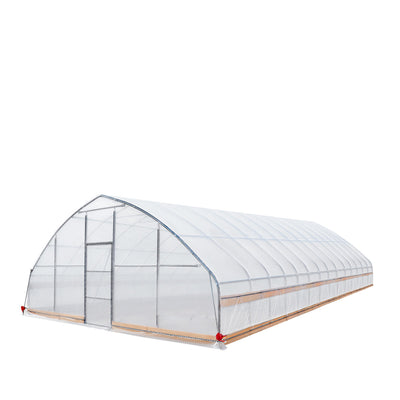 Angled exterior showing complete tunnel greenhouse grow tent with closed front door