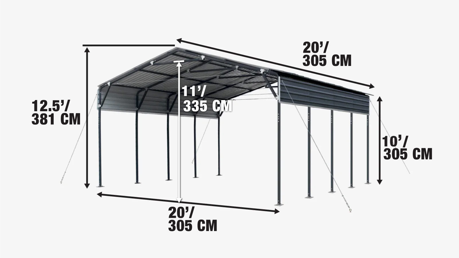 6 × 6 m Metal Shed Carport with 2.9 m Enclosed Sidewalls, 3.8 m Peak Height, TMG-MSC2020F-specifications-image