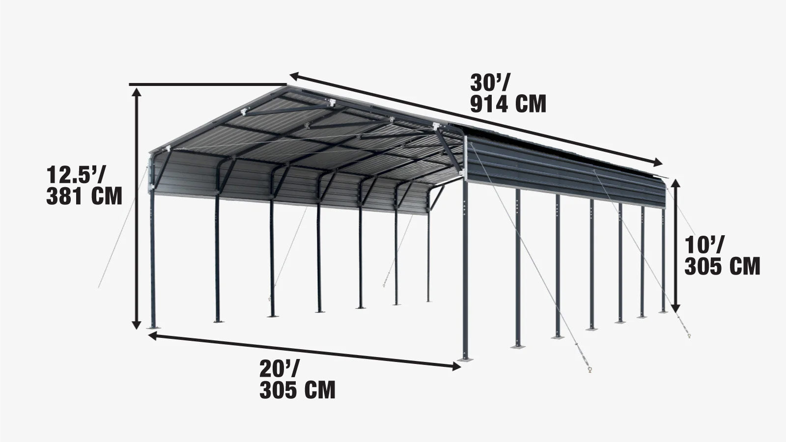 6 × 9 m Metal Shed Carport with 2.9 m Open Sidewalls, 3.8 m Peak Height, TMG-MSC2030-specifications-image
