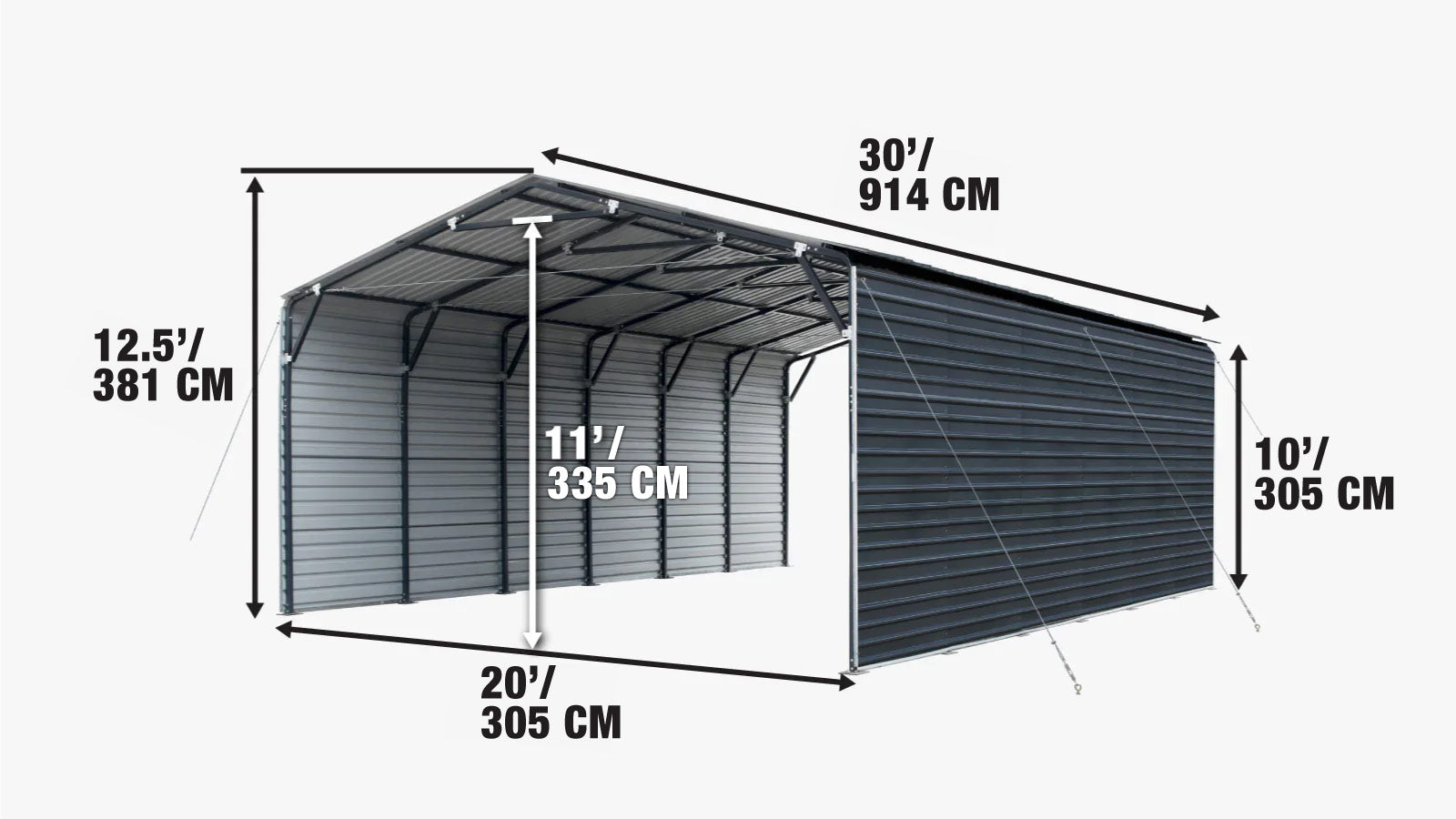 6 × 9 m Metal Shed Carport with 2.9 m Enclosed Sidewalls, 3.8 m Peak Height, TMG-MSC2030F-specifications-image