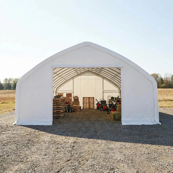 9 x 15 m Straight Wall, Peak Ceiling Storage Shelter with PVC Cover, TMG-ST3052V (Previously ST3050V) TMG Industrial Australia
