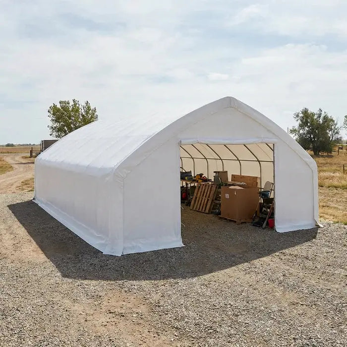 9 x 15 m Straight Wall, Peak Ceiling Storage Shelter with PVC Cover, TMG-ST3052V (Previously ST3050V) TMG Industrial Australia