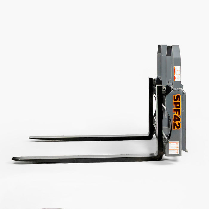 42" pallet fork for skid steer with heavy-duty Class II forks, 4,200 lbs capacity, and wide guard, TMG-SPF42
