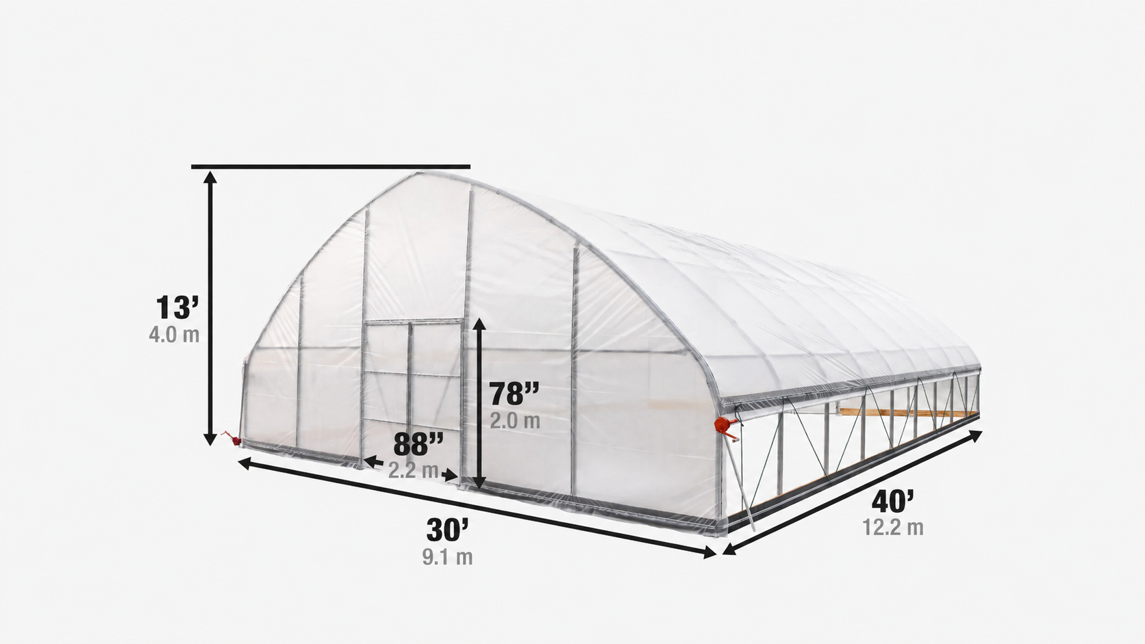 9 x 12 m Commercial Tunnel Greenhouse with 6 Mil Clear Poly Covers and Roll-Up Sides, TMG-GH3040-V2 (Previously GH3040)-specifications-image