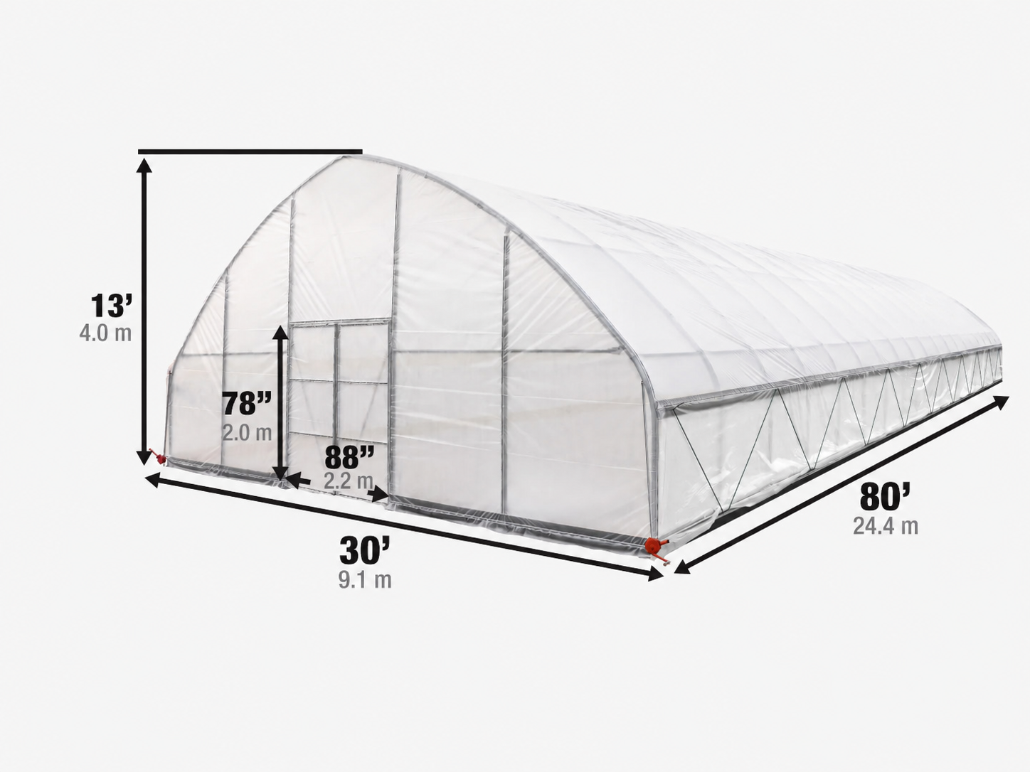 9 x 25 m Commercial Tunnel Greenhouse with 6 Mil Clear Poly Covers and Roll-Up Sides, TMG-GH3080-V2 (Previously GH3080)-specifications-image