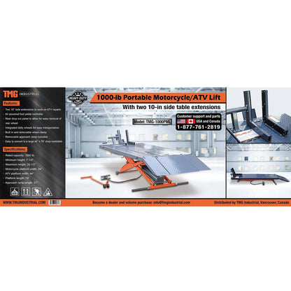 TMG Industrial 1000 lb Portable Motorcycle/ATV Scissor Lift, 44” Work Platform, 10” Side Panel Extensions, Front Vise Kit, TMG-1000PML