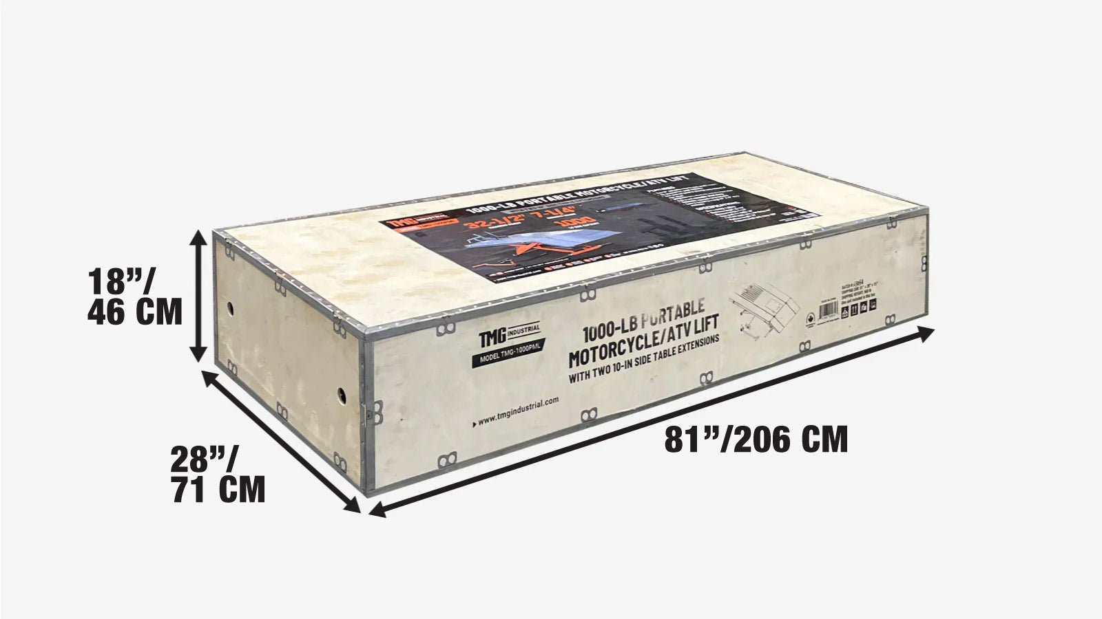 455 kg (1000 lb) Portable Motorcycle/ATV Scissor Lift, 1.12 m (44″) Work Platform, TMG‑1000PML-shipping-info-image