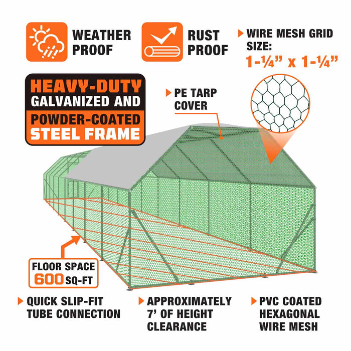 TMG Industrial 10’ x 60’ Wire Mesh Chicken Run Shelter Coop, Galvanized Steel, 600 Sq-Ft, Lockable Gate, PVC Coated Mesh, TMG-CRS1060