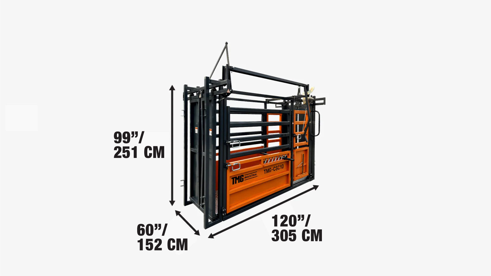 3m (10’) Cattle Work Chute, 2040 kg (4500 lb) Weight Scale, Side Exit, Upper/Lower Swing Openings, TMG‑CSC10-specifications-image
