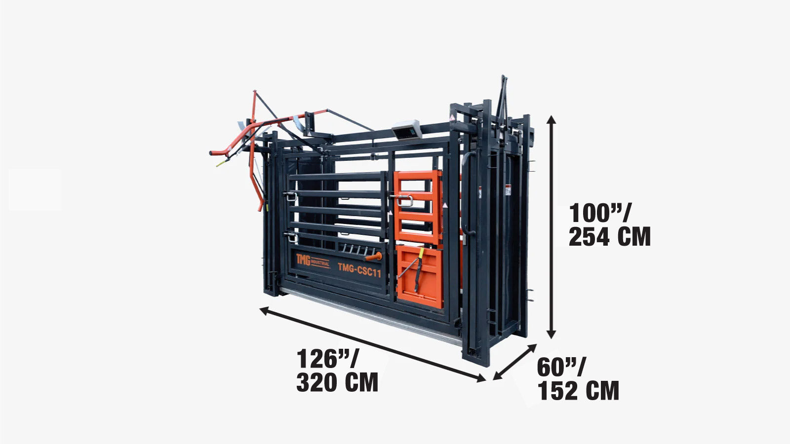 3 m (10′) Squeeze Cattle Work Chute, 2040 kg (4500 lb) Weight Scale, Side Exit, Side Squeeze, LCD Weight Display, TMG‑CSC11-specifications-image