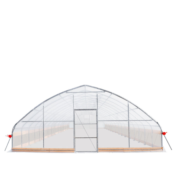 Front elevation view showing doorway and interior frame of tunnel greenhouse grow tent