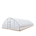 Angled exterior showing complete tunnel greenhouse grow tent with closed front door