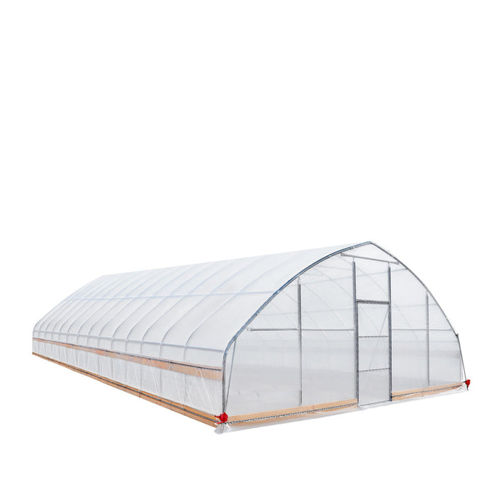 Low-angle perspective of exterior showing roof and side profile of tunnel greenhouse grow tent