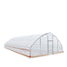 Low-angle perspective of exterior showing roof and side profile of tunnel greenhouse grow tent