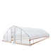 Three-quarter view with front door open and roll-up sides on tunnel greenhouse grow tent