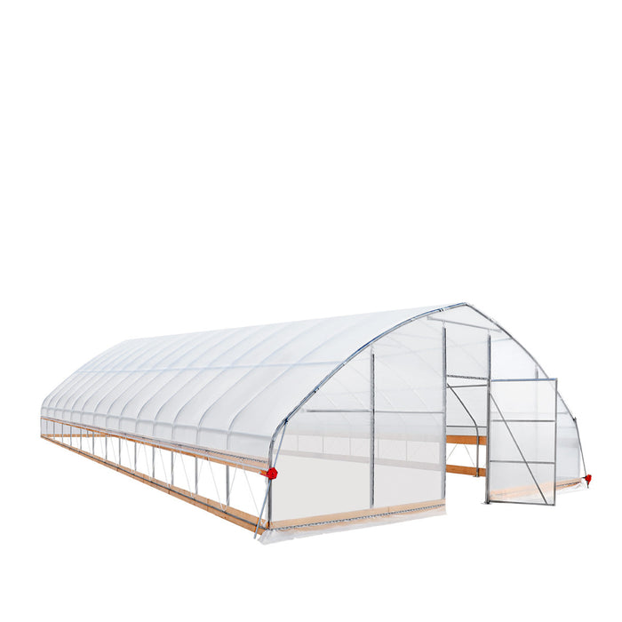 Angled view showing open doorway and interior supports of tunnel greenhouse grow tent