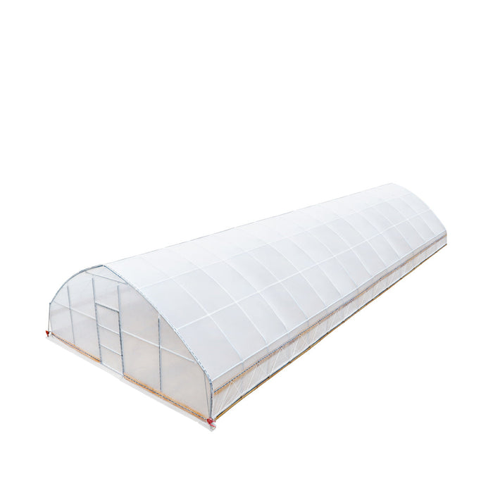 Aerial perspective highlighting long curved roof and sidewalls of tunnel greenhouse grow tent