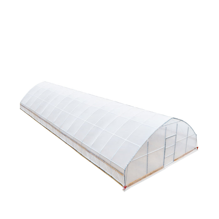 Rear three-quarter aerial view emphasizing roof panels and rear frame of tunnel greenhouse grow tent