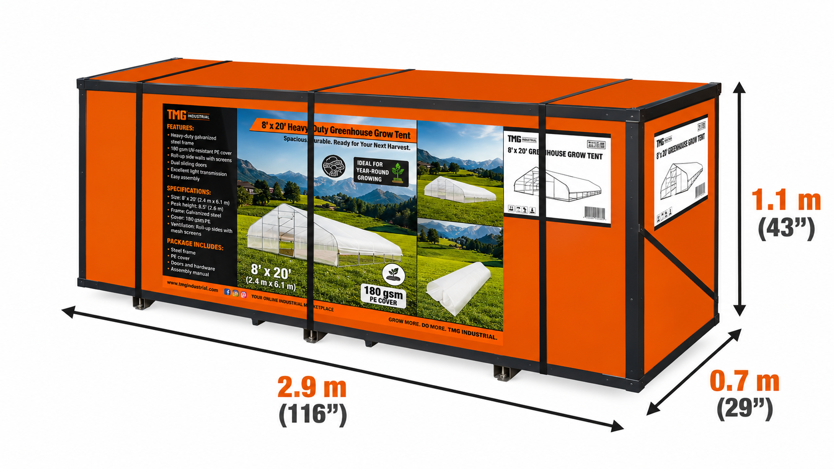 7.6 x 18 m Tunnel Greenhouse Grow Tent w/6 Mil Clear EVA Plastic Film, Cold Frame, Hand Crank Roll-Up Sides, Peak Ceiling Roof, TMG-GH2560-V2 (Previously GH2560)-shipping-info-image