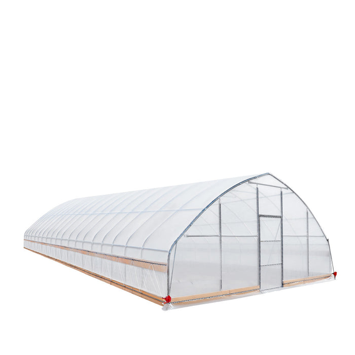 Low-angle perspective of end entry and side frame of Tunnel Greenhouse Grow Tent