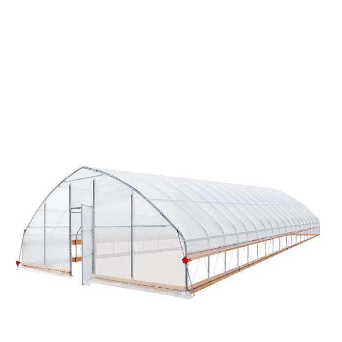 Three-quarter front view with door open and base details of Tunnel Greenhouse Grow Tent