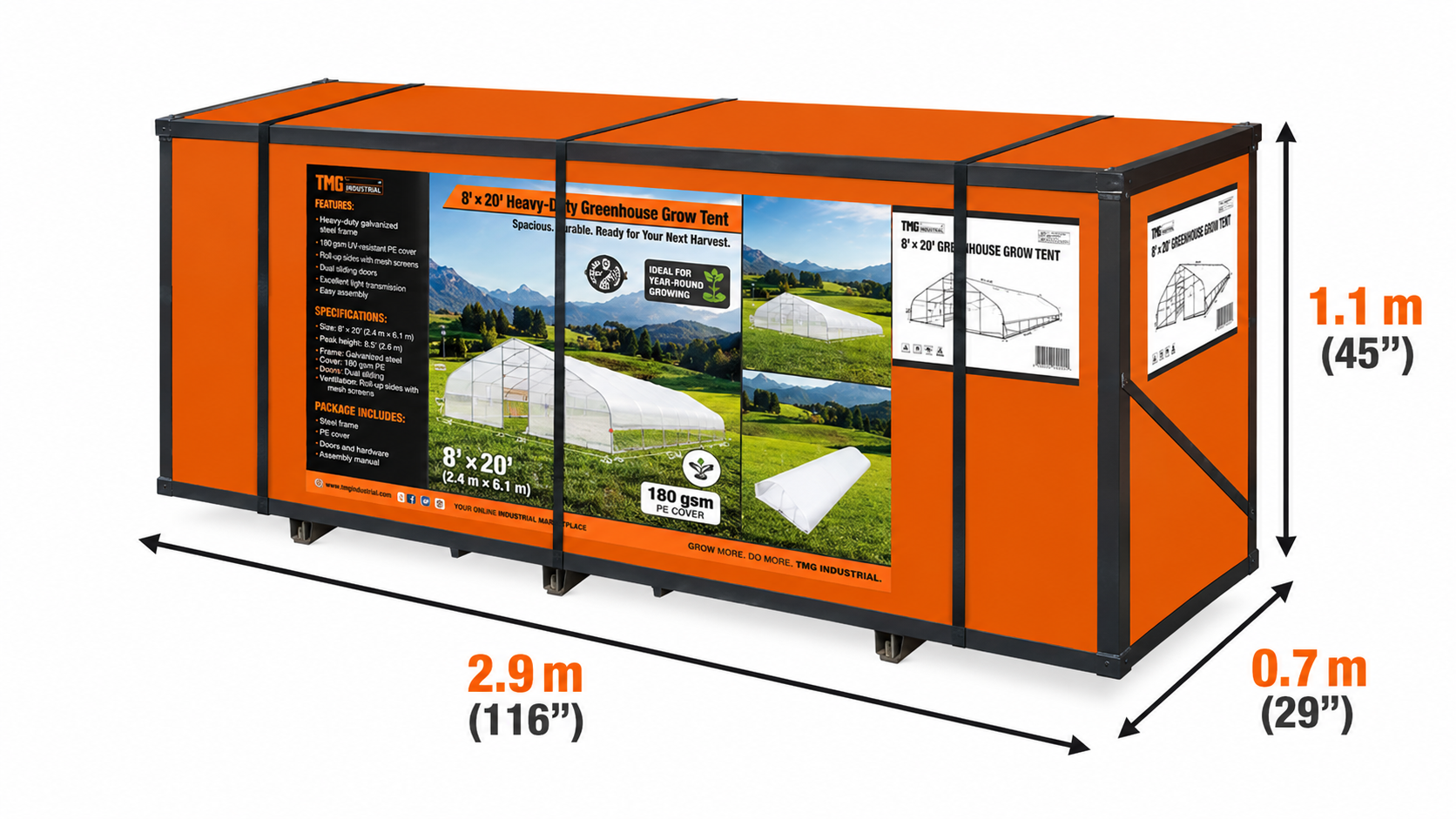 7.6 x 25 m Tunnel Greenhouse Grow Tent w/6 Mil Clear EVA Plastic Film, Cold Frame, Hand Crank Roll-Up Sides, Peak Ceiling Roof, TMG-GH2580-V2 (Previously GH2580)-specifications-image