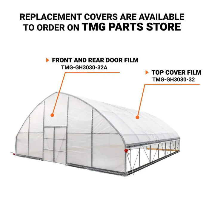 TMG-GH3030-V2 30' x 30' commercial tunnel greenhouse with 6 mil clear EVA poly cover and roll-up sides, view 10.