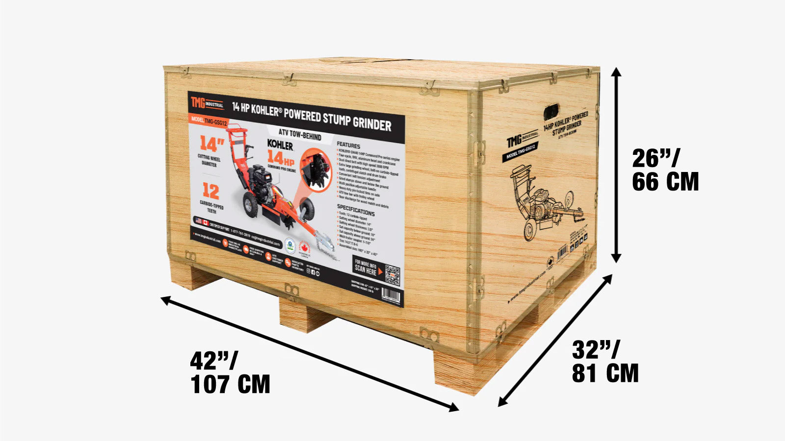 KohlerPowered Walk Behind & Tow Behind Stump Grinder, 12 Carbide Teeth, 610 mm (24″) Cutting Capacity, 14 HP Engine, TMG-GSG12-shipping-info-image