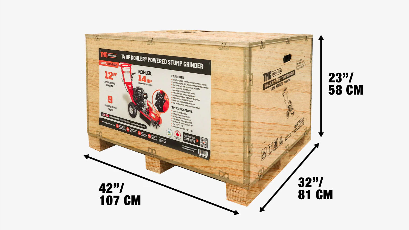 Kohler Powered Walk Behind Stump Grinder, 9 Carbide Teeth, 610 mm (24″) cutting capacity, 14 HP Engine, TMG-GSG9-shipping-info-image