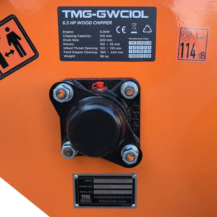 100 mm Wood Chipper with 6.5 HP Gas Engine, 150 mm Reversible Blades, 240 mm Rotor, TMG-GWC10L TMG Industrial CA