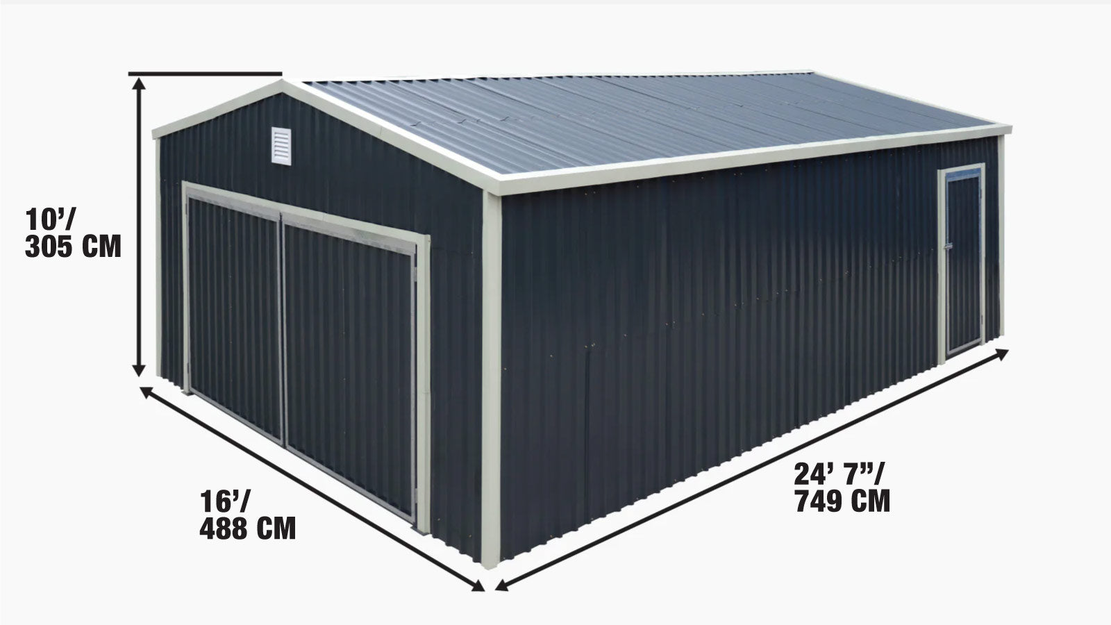 5 x 7.5 m Metal Garage Shed with Double Front & Side Doors, 3.0 m Peak Height, TMG-MS1624-specifications-image