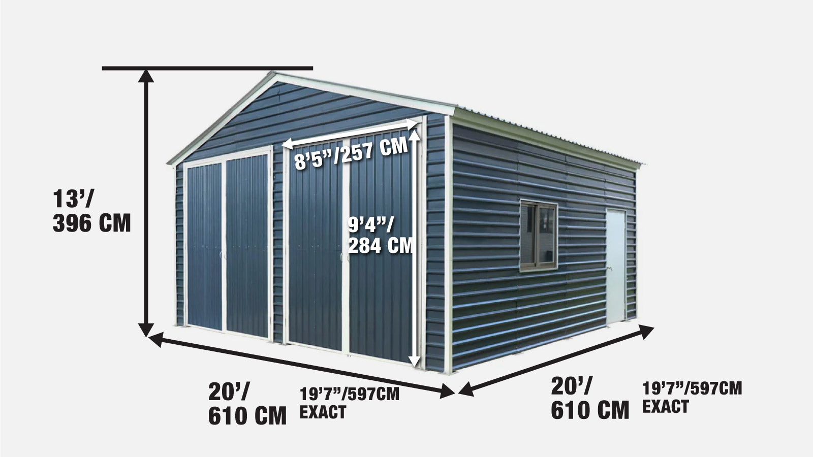 6 x 6 m Metal Garage Shed with Double Front & Side Doors, 4 m Peak Height, TMG-MS2020-specifications-image