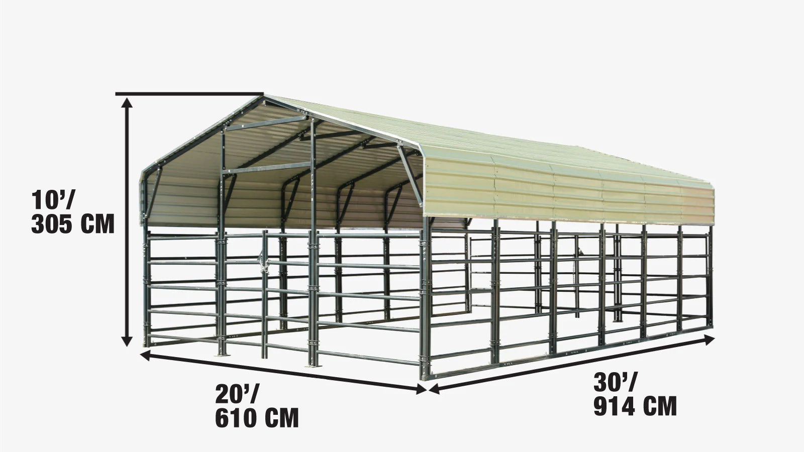6 x 9 m (20′ x 30′) Livestock Corral Panel Metal Shed, 2.2 m (7′) Sidewalls, 1.5 m (5′) Fencing, TMG-MS2030LC-specifications-image
