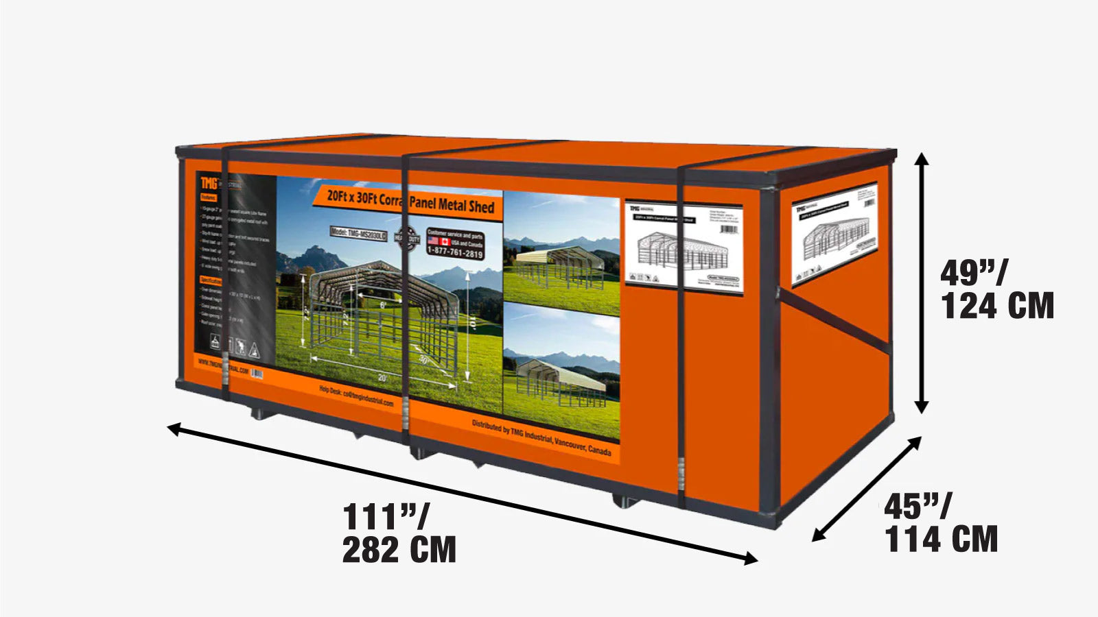 6 x 9 m (20′ x 30′) Livestock Corral Panel Metal Shed, 2.2 m (7′) Sidewalls, 1.5 m (5′) Fencing, TMG-MS2030LC-shipping-info-image