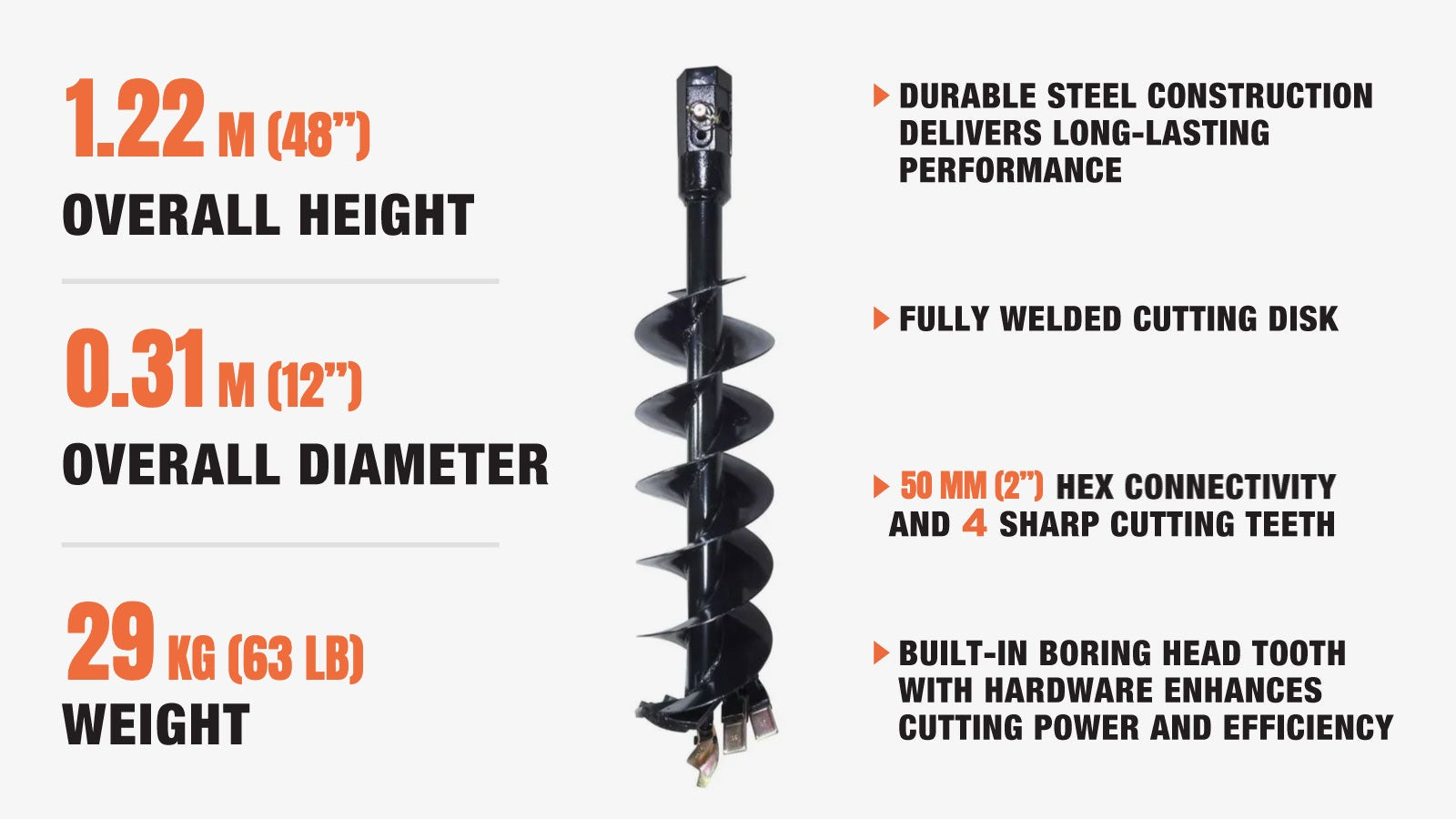 305 mm (12″) Post Hole Auger Bit, 1220 mm (48″) Height, TMG-PAB12-description-image
