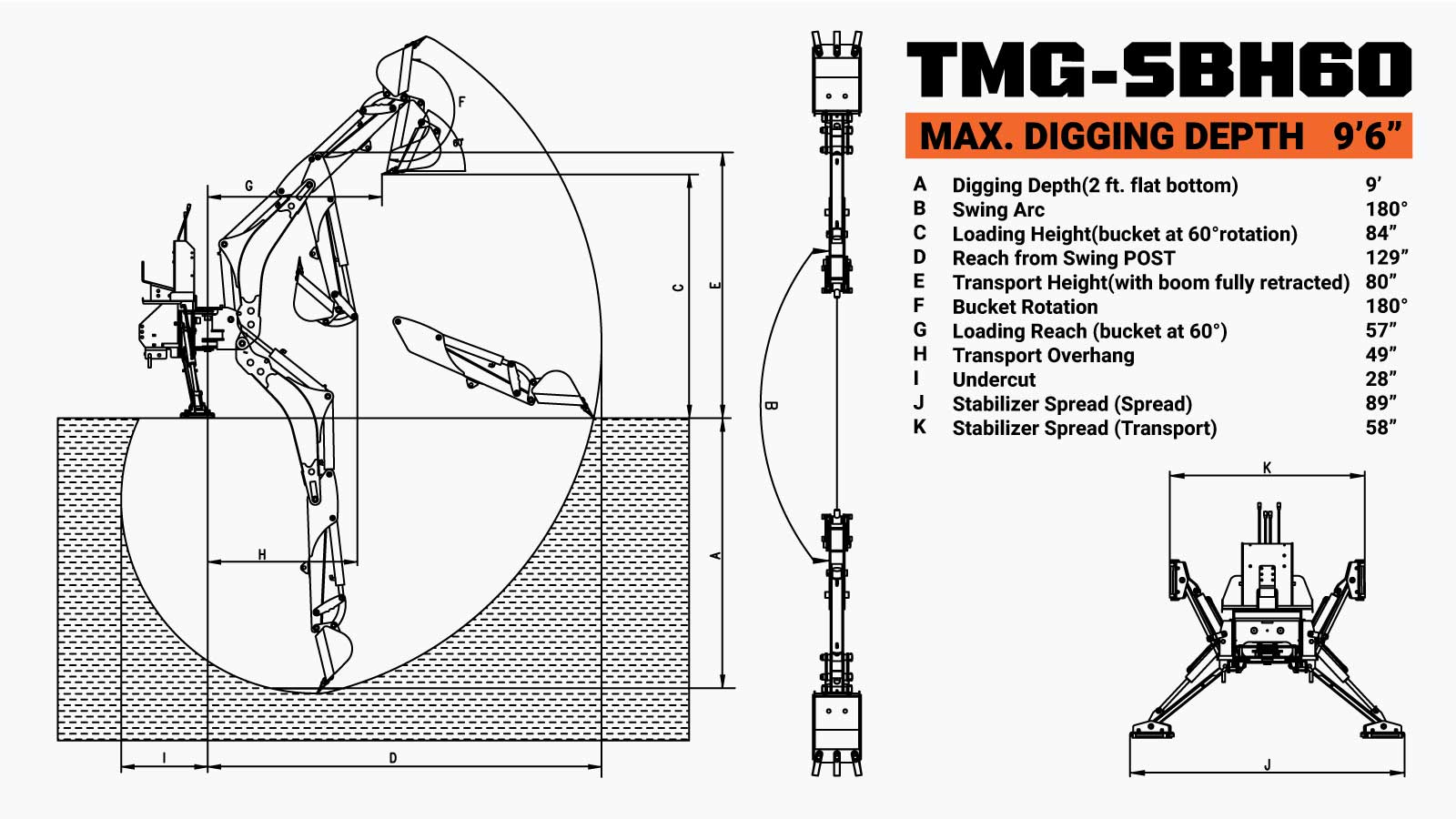 2740 mm Skid Steer Backhoe Attachment, Universal Mount, 180° Boom and Bucket Rotation TMG-SBH60-specifications-image