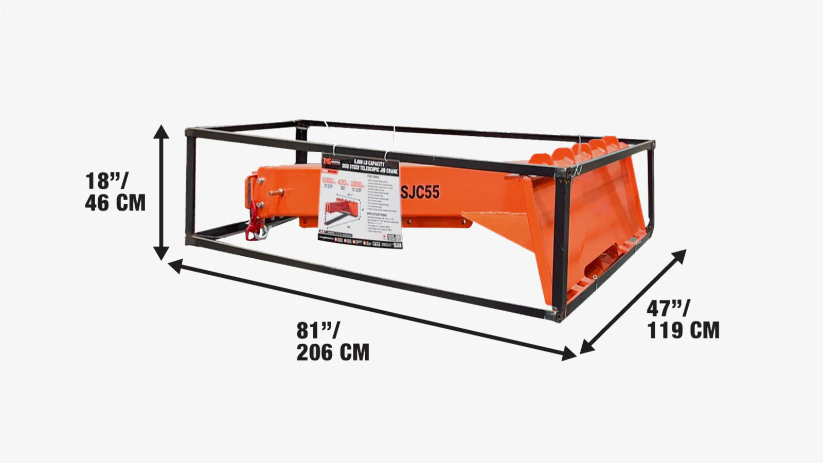 Skid Steer Telescopic Jib Crane, 2268 kg Capacity, Adjustable 1829 mm -3048 mm Boom with 3-Ton Hook, TMG-SJC55-specifications-image