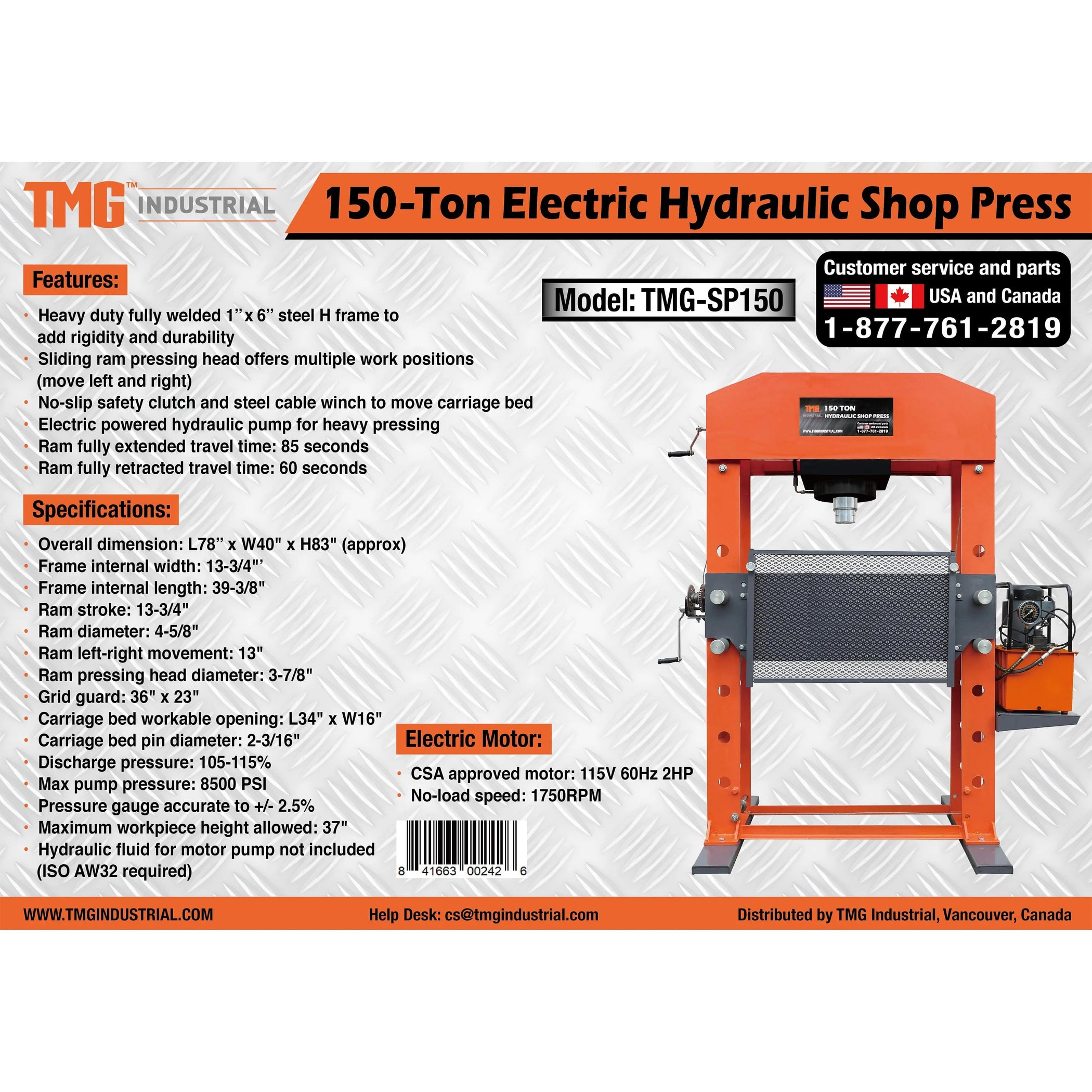 TMG 150 T Electric Hydraulic Shop Press, 8500 PSI Heavy Duty Pressing ...