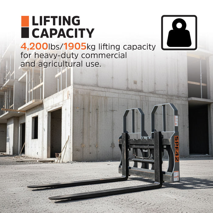 1,067 mm Pallet Fork for Skid Steer, Heavy Duty Class II Forks, 1,905 kg Capacity and Wide Guard, TMG-SPF42