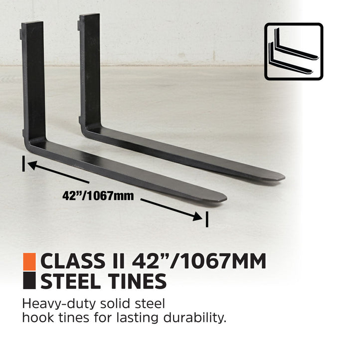 1,067 mm Pallet Fork for Skid Steer, Heavy Duty Class II Forks, 1,905 kg Capacity and Wide Guard, TMG-SPF42