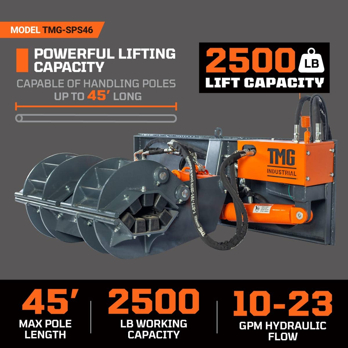TMG Industrial 2500-lb Skid Steer Pole Setter, 45' Pole Capacity, 0°-100° Claw Rotation, Jaw Claw Opening 4" to 20", TMG-SPS46