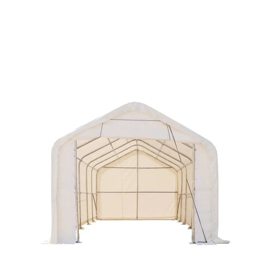 TMG Industrial 15’ x 25’ RV/Motorhome Storage Shelter, 17 oz PVC Fabric Cover, Front Roll-Up Door, Enclosed Rear Wall, 3-Layer Galvanized Steel Frame, 10’ Straight Sidewalls, TMG-ST1525