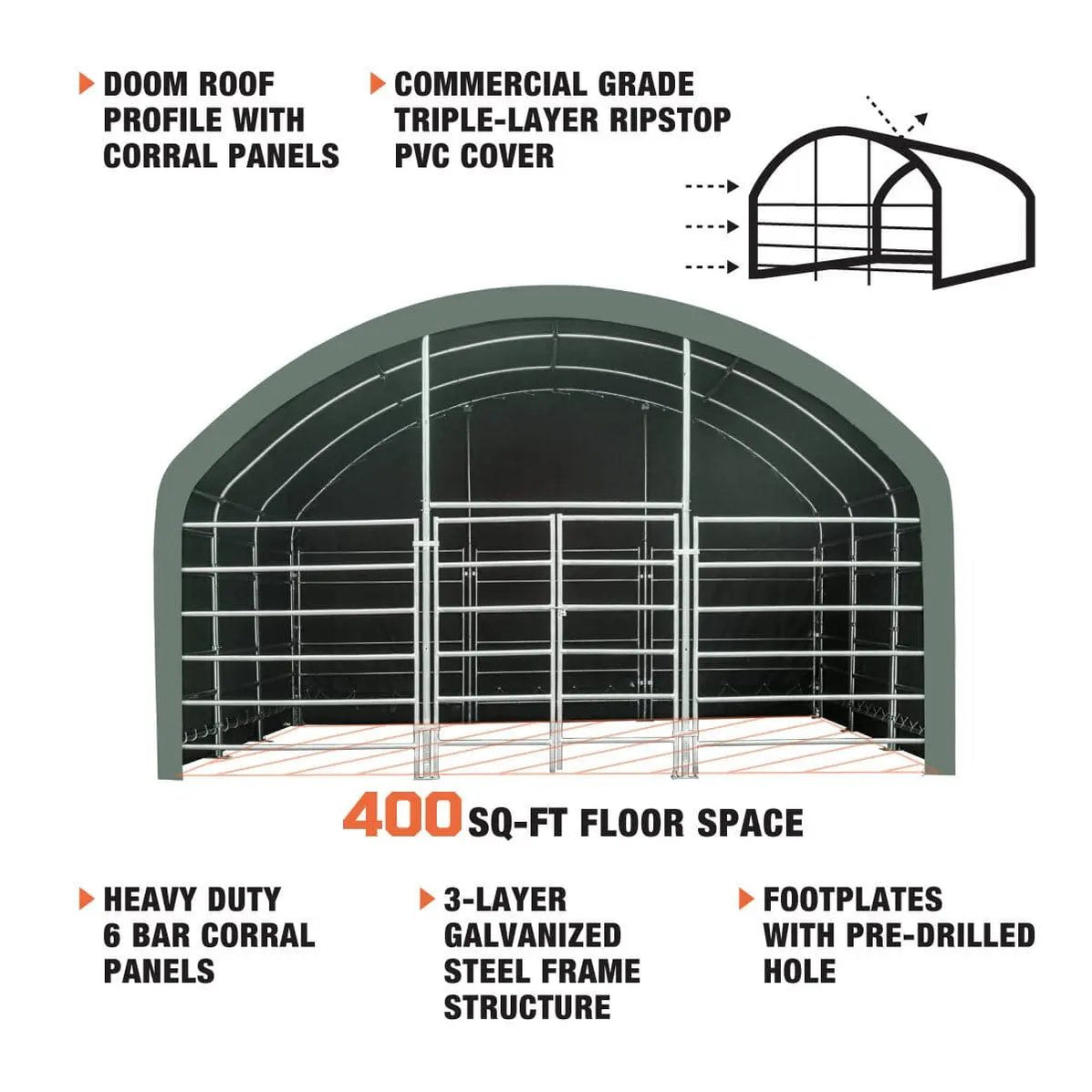 20’ x 20’ Livestock Corral Shelter, Powder Coated Structure, 12’ Dome ...