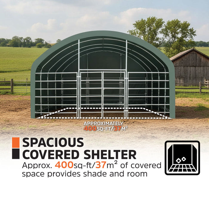 TMG Heavy Series™ 6.1 x 6.1 m Livestock Corral Shelter, 3.7 m Dome Roof, 576 gsm (17 oz) Military Green PVC Covering, 6-Bar Corral Panels, 1.5 m (5') Front Swing Gate, TMG-ST2022L
