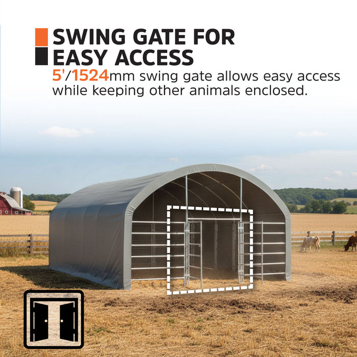 TMG Heavy Series™ 6.1 x 6.1 m Livestock Corral Shelter, 3.7 m Dome Roof, 576 gsm (17 oz) Military Green PVC Covering, 6-Bar Corral Panels, 1.5 m (5') Front Swing Gate, TMG-ST2022L