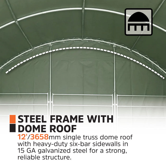 TMG Heavy Series™ 6.1 x 6.1 m Livestock Corral Shelter, 3.7 m Dome Roof, 576 gsm (17 oz) Military Green PVC Covering, 6-Bar Corral Panels, 1.5 m (5') Front Swing Gate, TMG-ST2022L