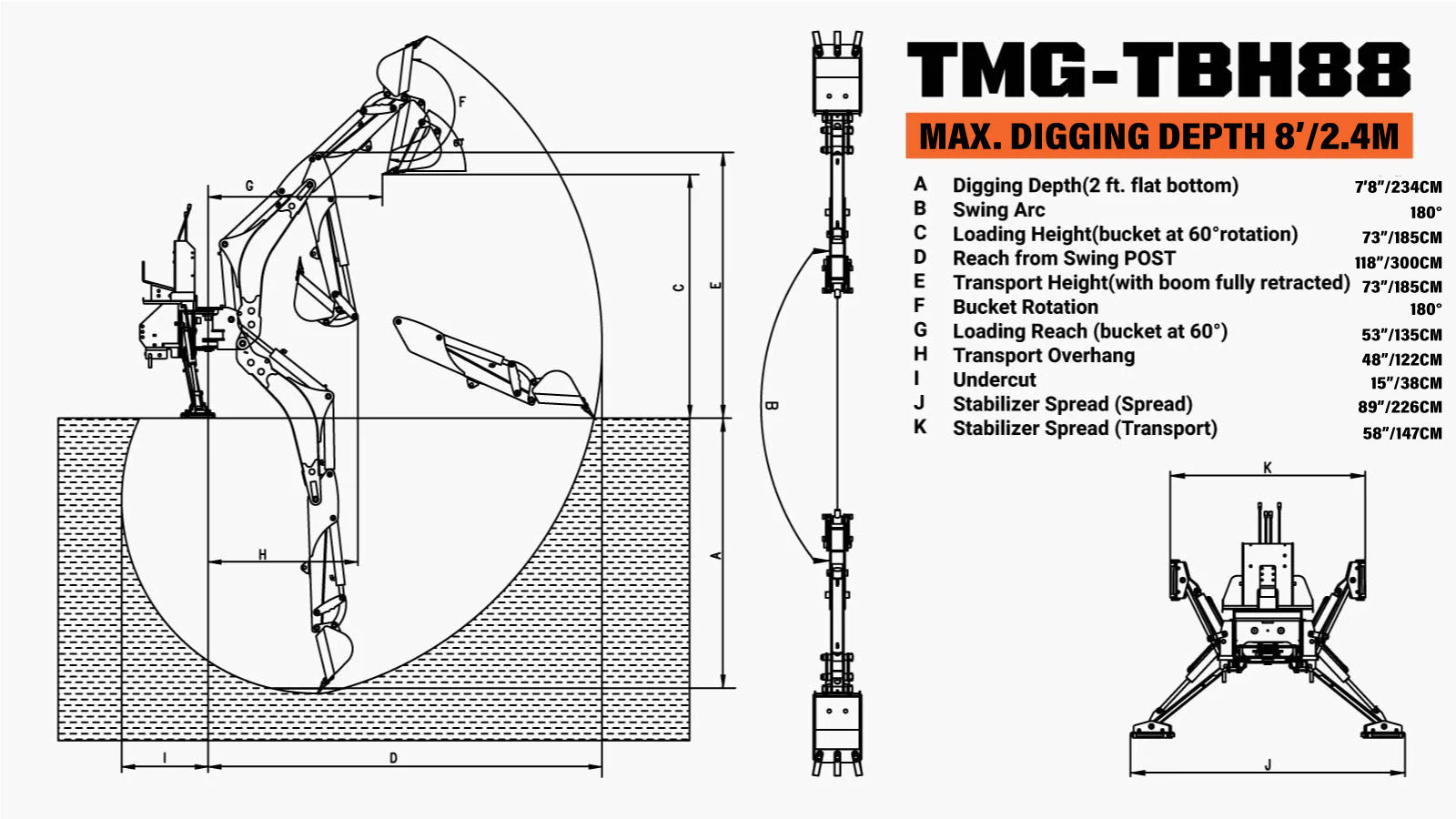 2380 mm (8’) Tractor Swing Backhoe Attachment, 180° Boom and Bucket Rotation TMG-TBH88-specifications-image