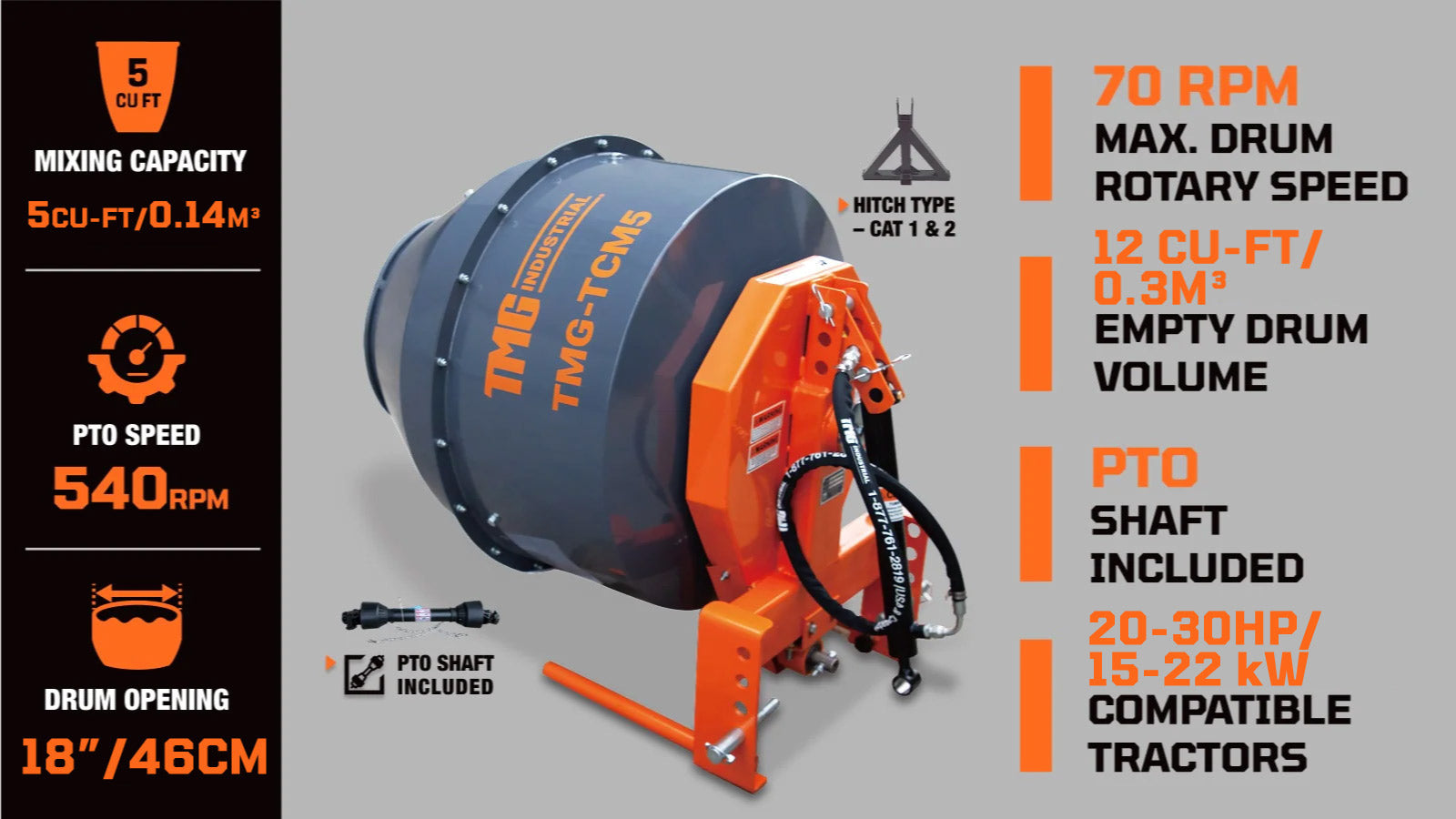 140 L 3-Point Hitch Cement Mixer, PTO Shaft Included, Category 1 Hookup, TMG-TCM5-specifications-image