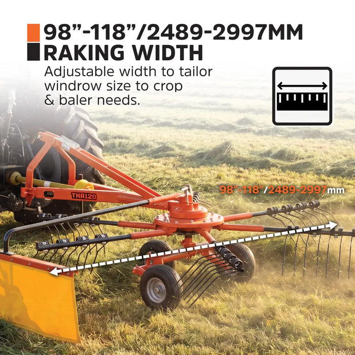 118" Hay Rake & Tedder, 24 Spring Tines, 3-Point Hitch Category 1, PTO Shaft Included, 25-50 HP Tractor, TMG-THR120 TMG Industrial CA
