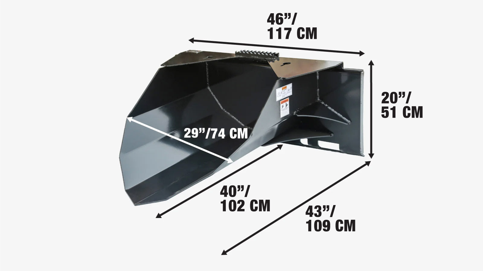 1016 mm (42″) Heavy Duty Skid Steer Tree Scoop, 680 kg (1500 lb) Capacity, Chain Slot Tie Downs, TMG-TS42-specifications-image